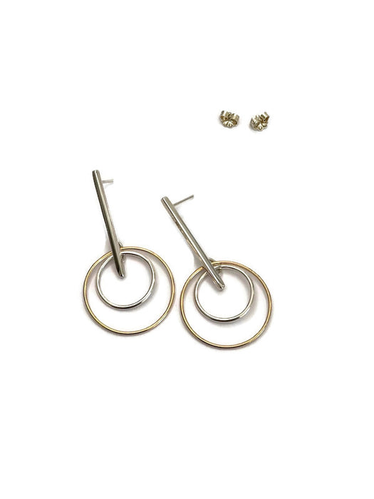 BAR AND DOUBLE CIRCLE LAGOM EARRINGS IN SILVER AND GOLD