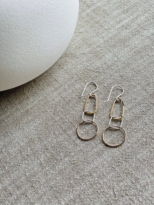 TEAR DROP CIRCLE AND SQUARE LAGOM EARRINGS IN SILVER AND GOLD