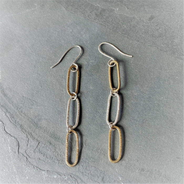 CHAIN-GES 3 LINK EARRINGS BRONZE AND SILVER